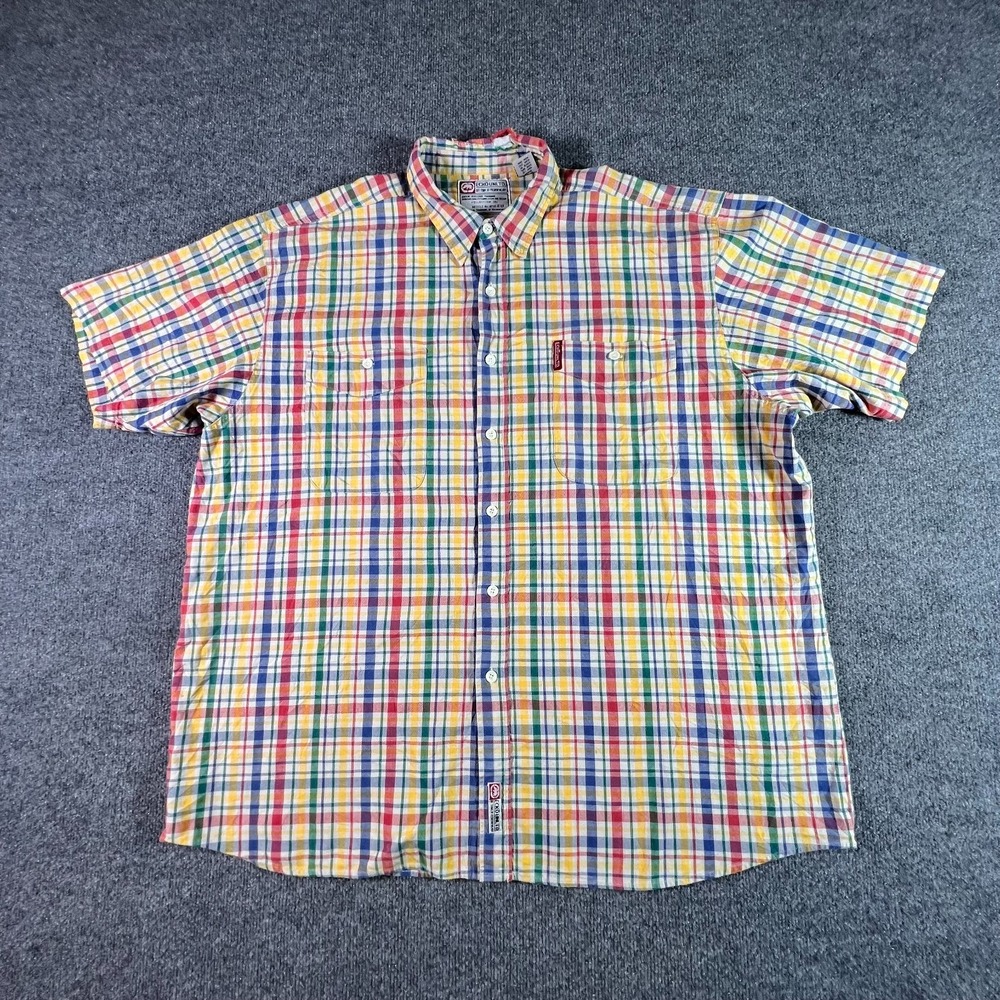 Ecko Unltd Shirt Mens 2XL Multicolor Plaid 100% Cotton Button Front Short Sleeve
